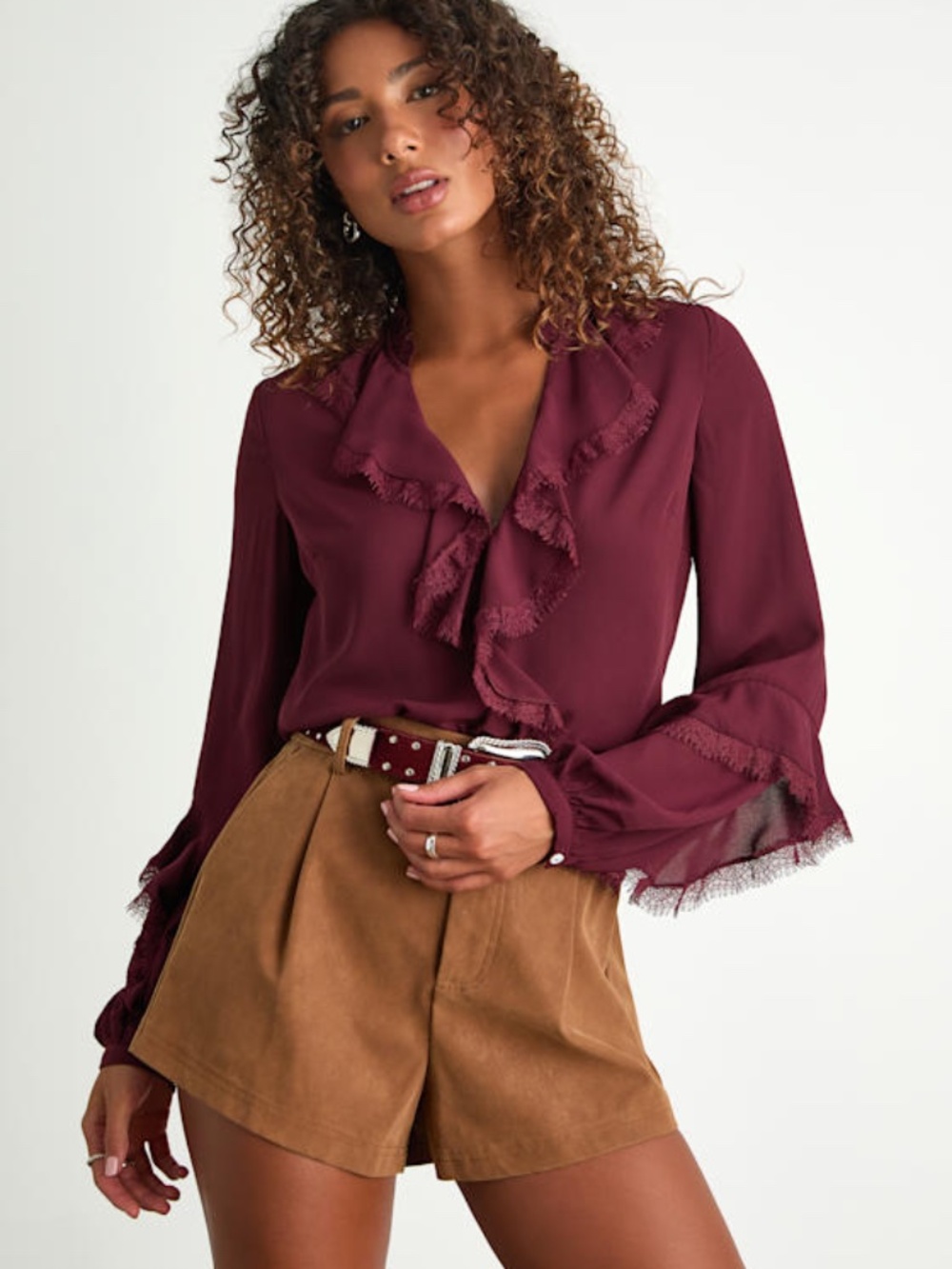 Lulus Jess Burgundy Ruffled Lace Long Sleeve Top Red - Size L